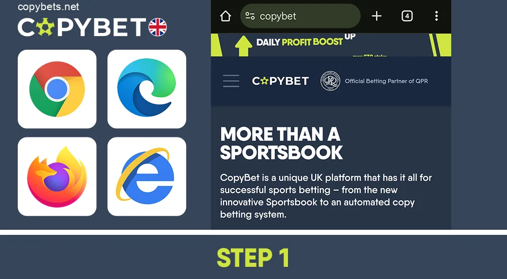 Go to the official Copybet website using your favorite browser, step 1
