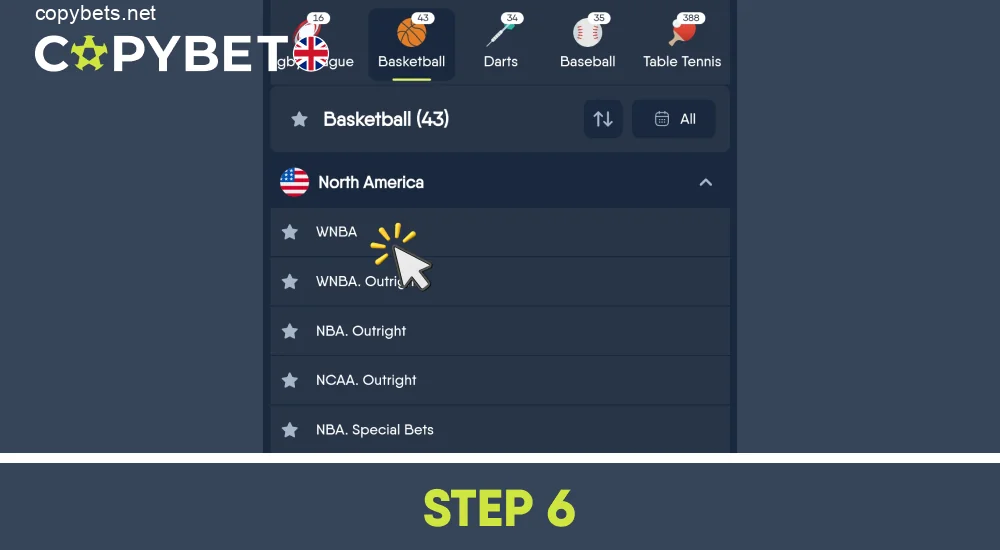 Select a country from the list and a tournament, step 6