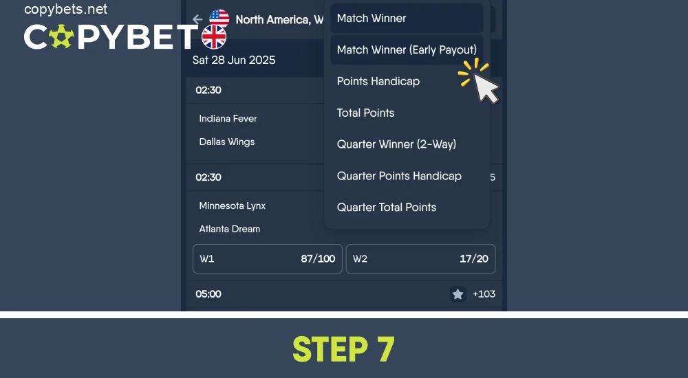 Select the match you want to bet on and add it to the betting slip, step 7