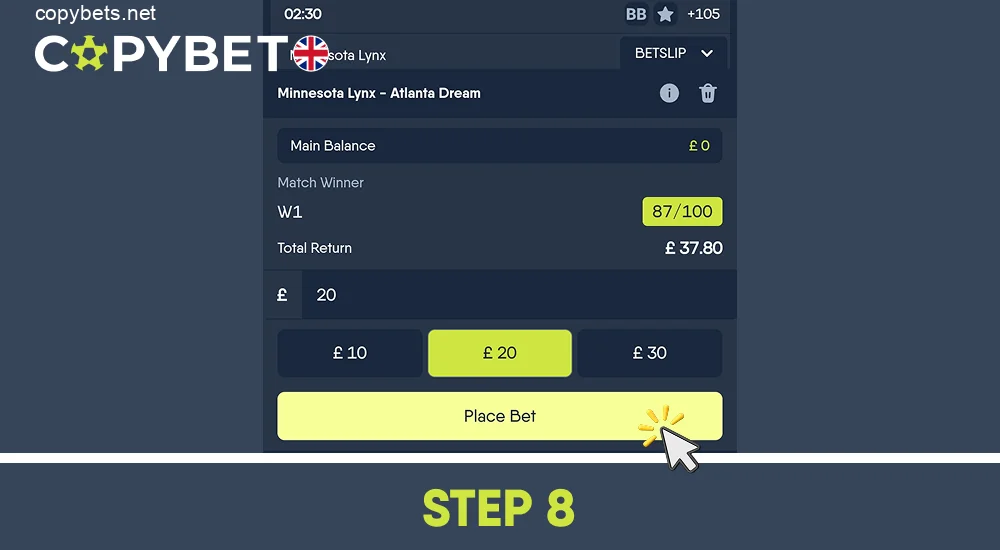 Determine the bet amount and confirm it, step 8