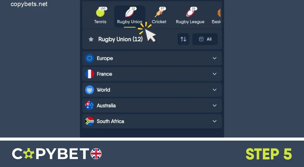 Select Rugby from the list of sports, step 5