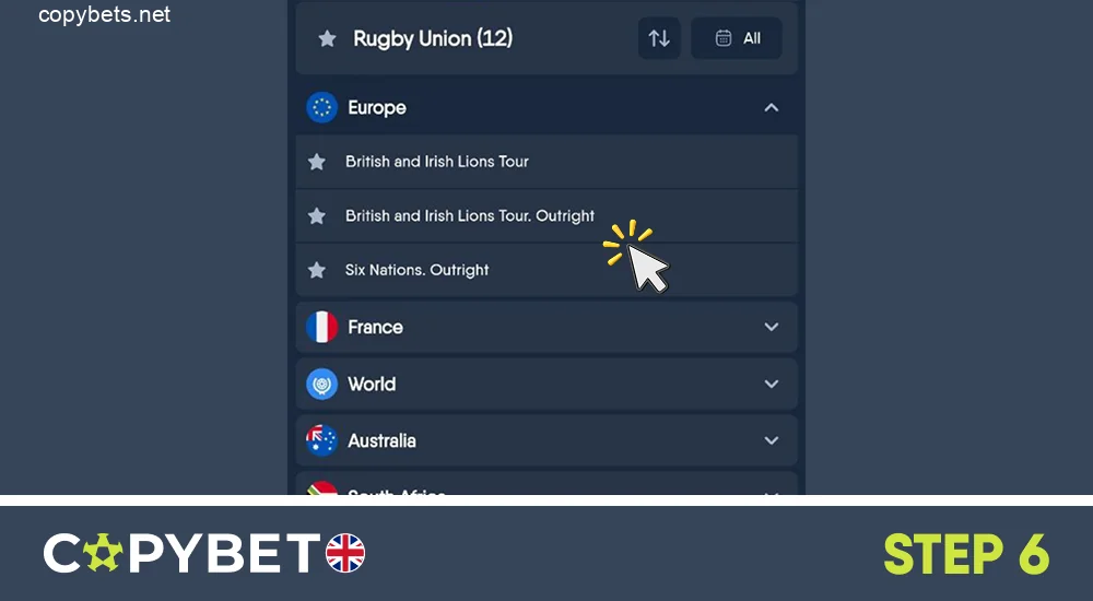 Browse the competitions and select the match you like, step 6