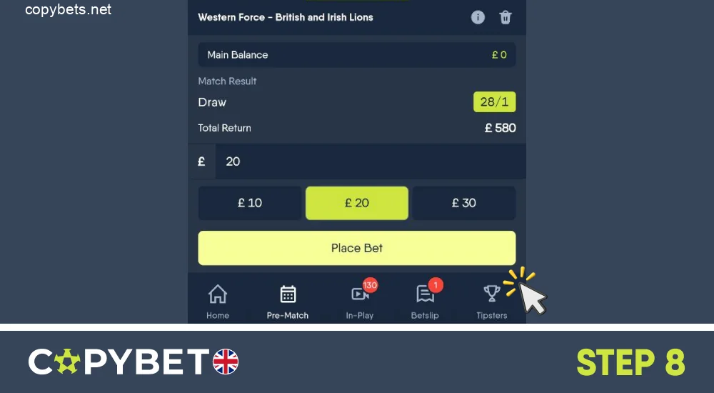 Enter the amount you want to bet and click the green button to confirm, step 8
