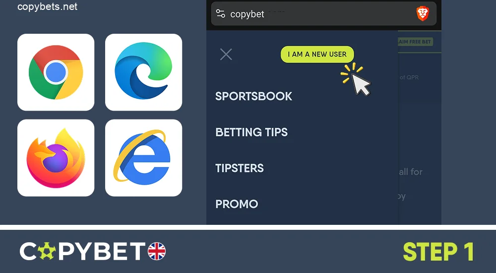 Go to the official Copybet website using your favorite browser or download the app, step 1