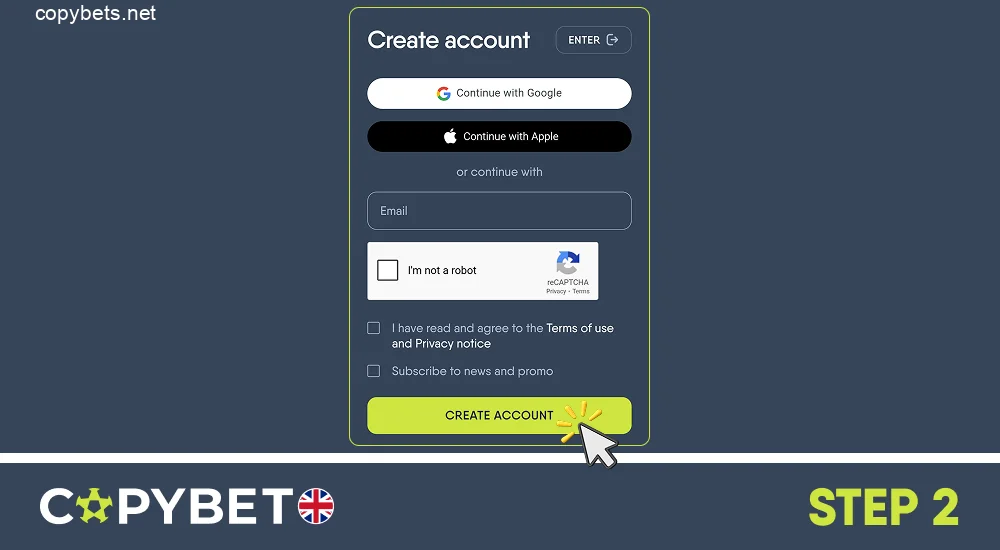Complete the registration process on the Copybet website, step 2