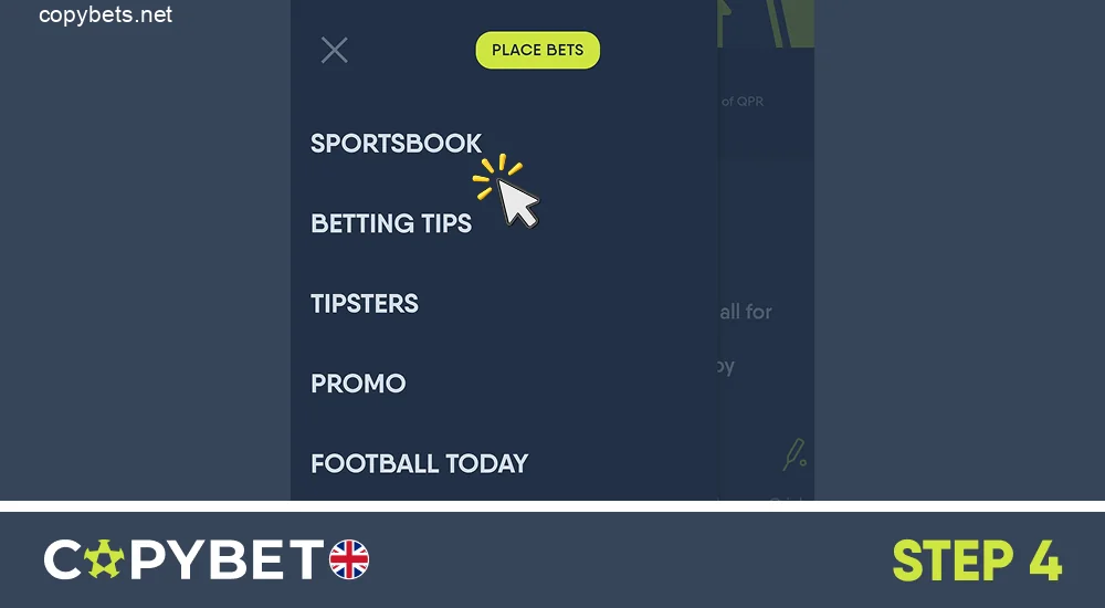 Go to the sportsbook tab on the main page of the site, step 4