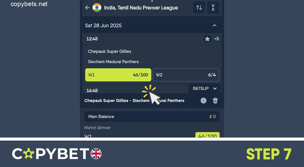 Click on the betting market and it will be added to the bet slip, step 7