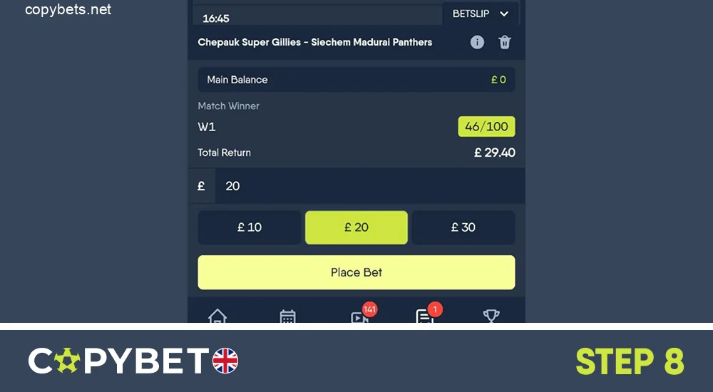 Determine the bet amount and confirm it, step 8