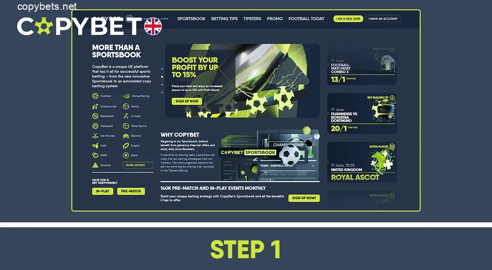 Go to the official Copybet website using any browser, step 1