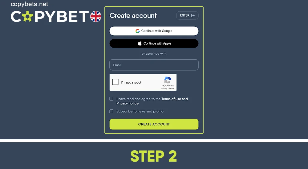 Register or log into an existing Copybet account, step 2
