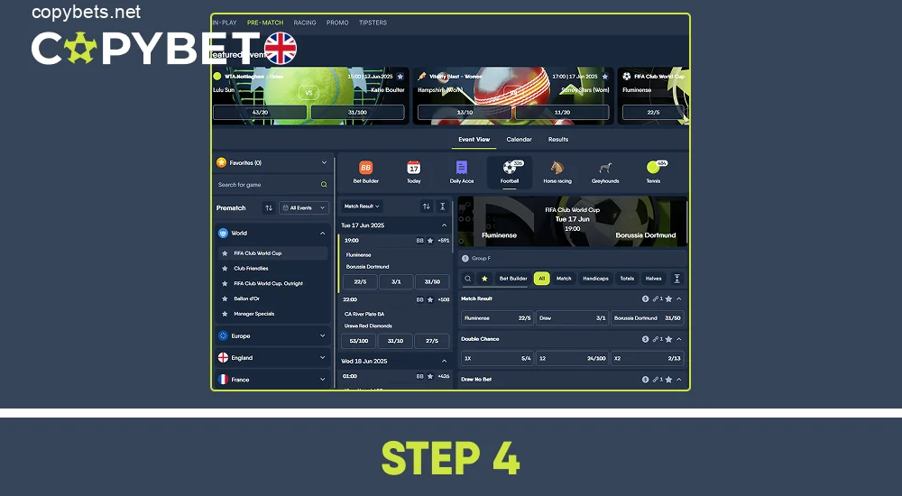 Select the sport you want to bet on, step 4