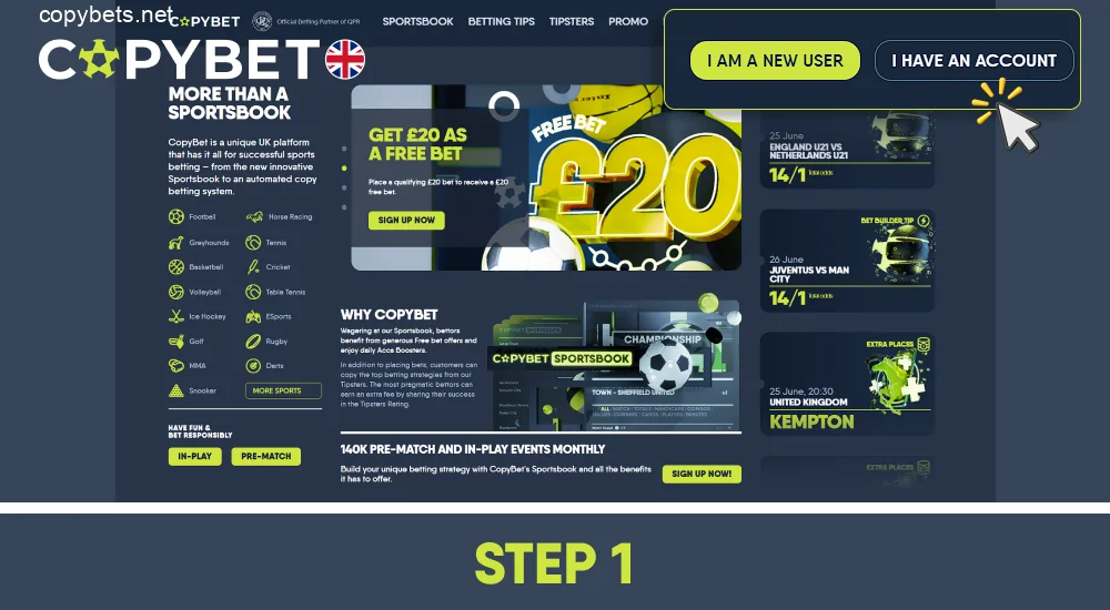Go to the official Copybet website and register or log in to your existing account, step 1