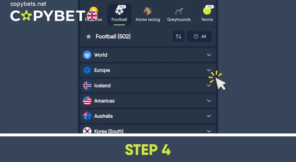 Select your favorite country, match and tournament, step 4