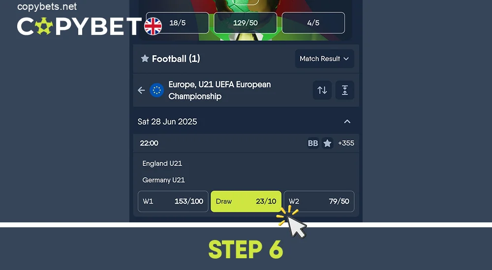 Click on the sports market to add it to the coupon, step 6