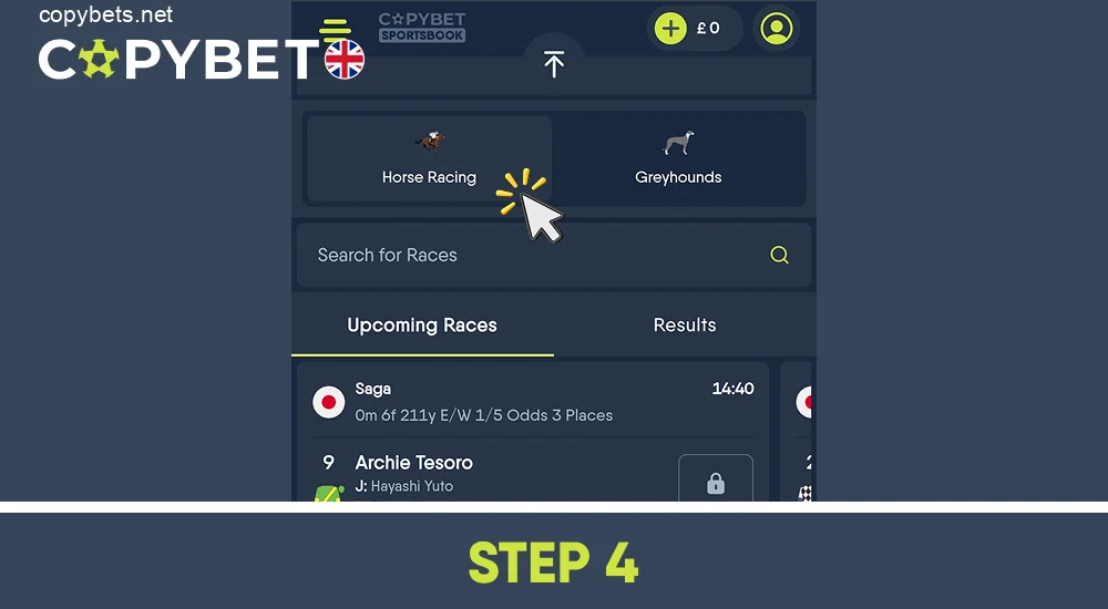 Go to the Racing section and view the event schedule, step 4