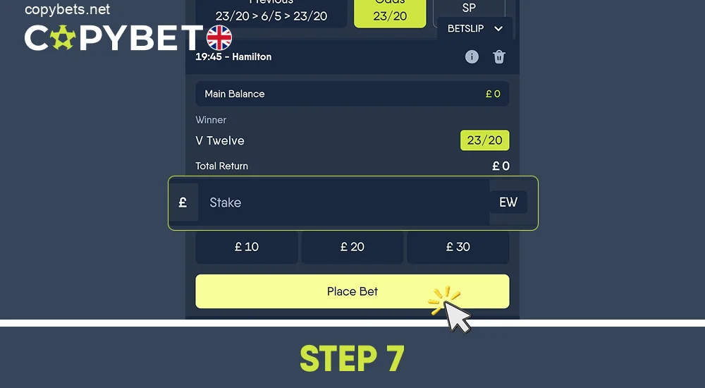 Confirm your bet by clicking the green place bet button, step 7