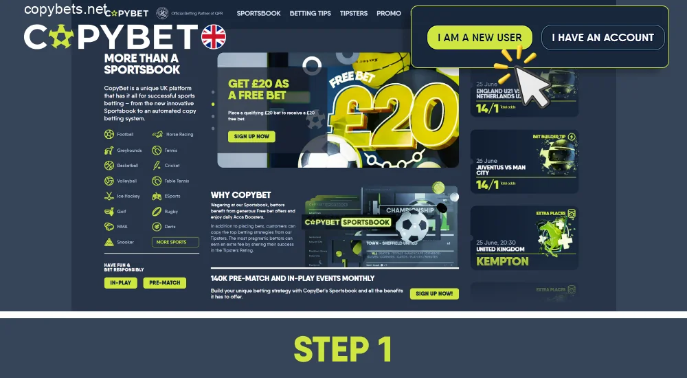Go to the official Copybet website and click the Register button, step 1