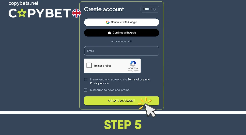 Click the green button create account step 5