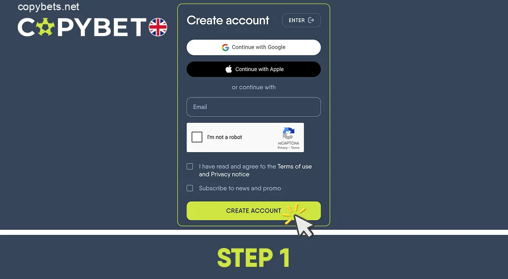 Go to the official Copybet website and create an account, step 1