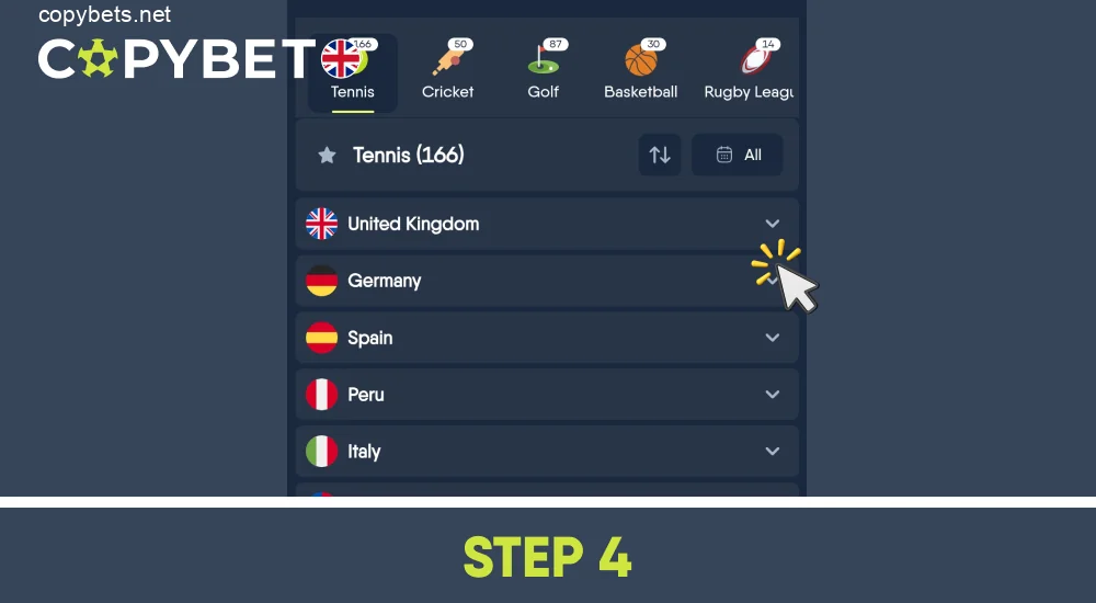 Open the Tennis tab and see the full list of tournaments and matches, step 4