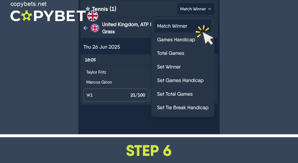 Select the right betting market, step 6