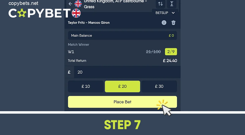 Determine the bet amount and confirm it, step 7