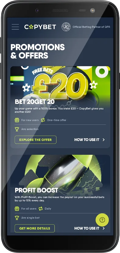 Screenshot of the Copybet app bonus page