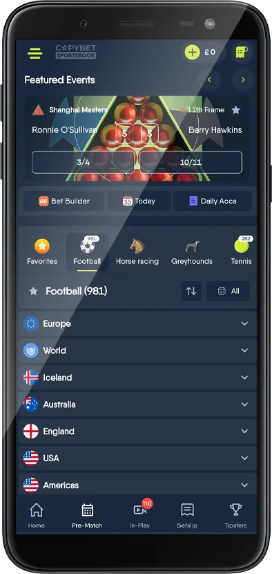 Screenshot of Copybet app Sportsbook page
